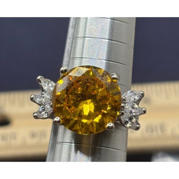 Citrine Ring 14mm Cubic Zirconia & Accent Stones Silver-Tone Band Exquisite - Picture 6 of 12
